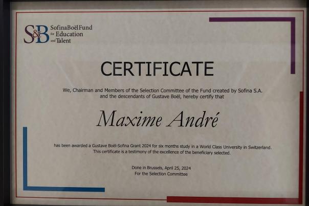 Certificat SofinaBoel de Maxime André