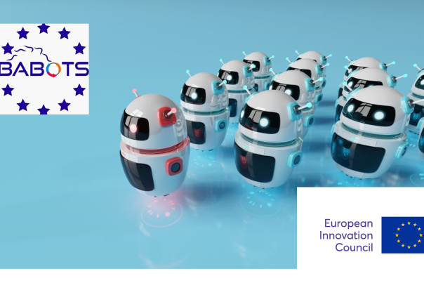 Illustration représentant des robots avec le logo du projet BABots et le logo EIC de l'UE