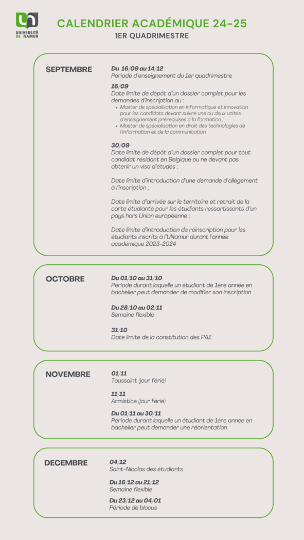 Calendrier académique du 1er quadrimestre 24-25