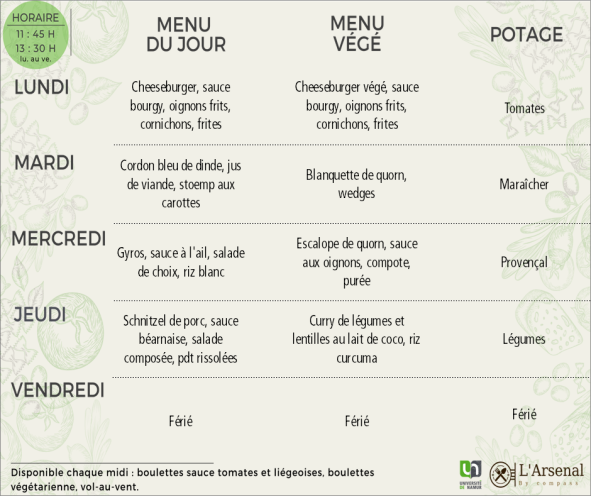 Menu de l'Arsenal du 28 au 31 octobre