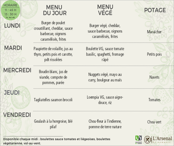 Menu de l'Arsenal du 25 au 29 novembre