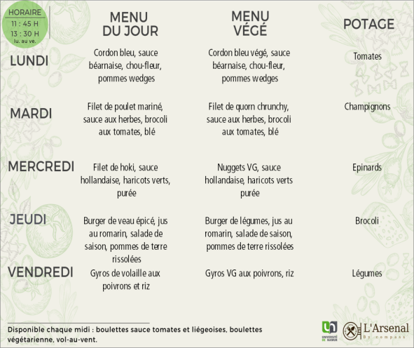 Menu de l'Arsenal semaine 25/2025