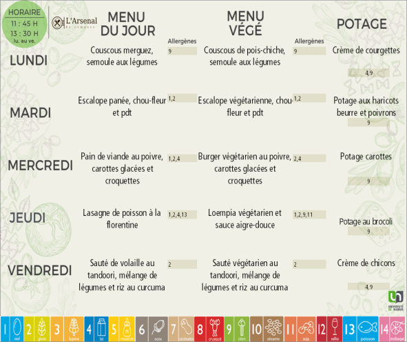 Menu Arsenal semaine 44
