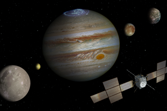 Vue de la sonde Juice autour de la planète Jupiter