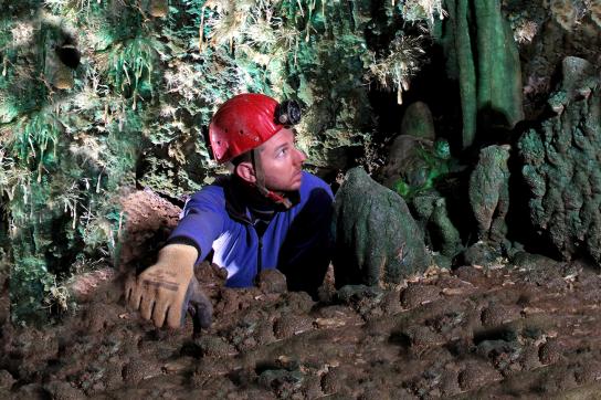 Image d'un spéléologue dans une grotte avec des stalagtites vertes