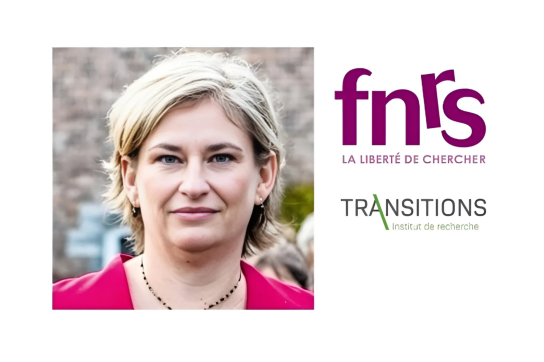 Visuel article sur Nathalie Burnay avec la chercheuse en photo et les logos du FNRS et de Transitions