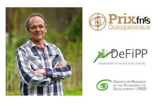 Photo de Jean-Marie Baland et logos FNRS prix quinquenal, Institut DeFiPP et centre de recherche CRED