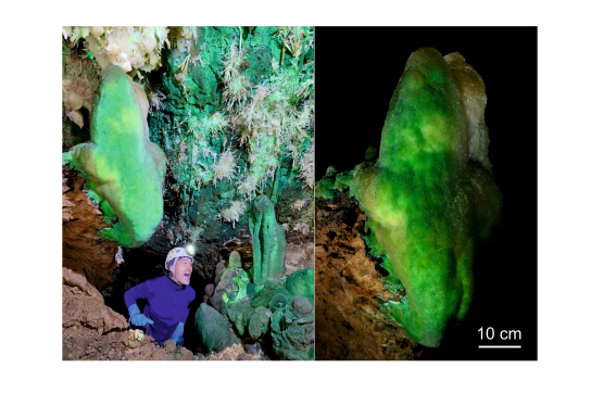 Spéléothèmes verts dans l’Aven du Mont Marcou (Hérault, France) © Stéphane Pire, Gaëtan Rochez (UNamur)